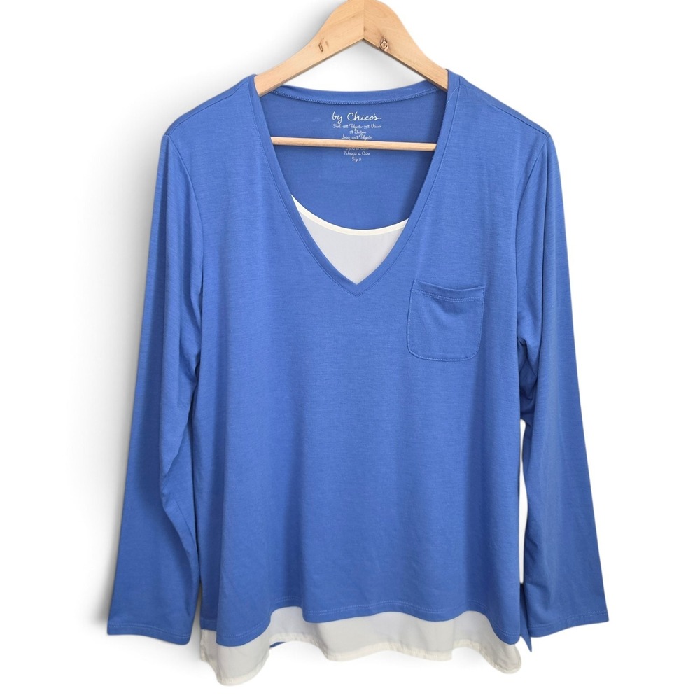 Chicos Top Size 2 Large Layered V Neck Shirt Blue Mixed Media Long Sleeve Pocket